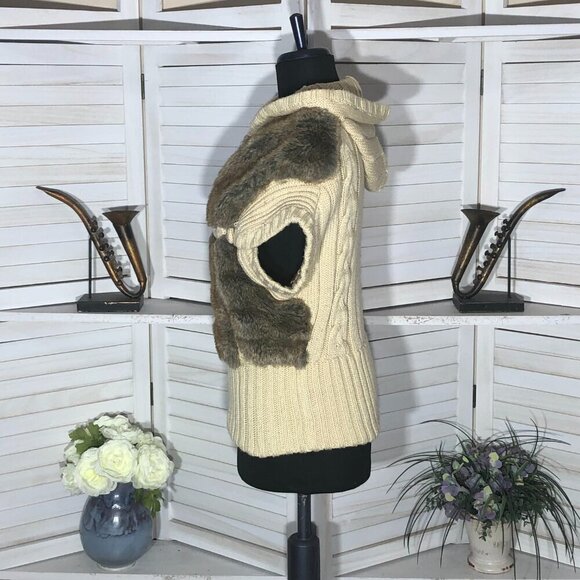 Vintage 90s Y2K Faux Fur vest warm wool brown beige cable knit with hood Sz S - Picture 4 of 12